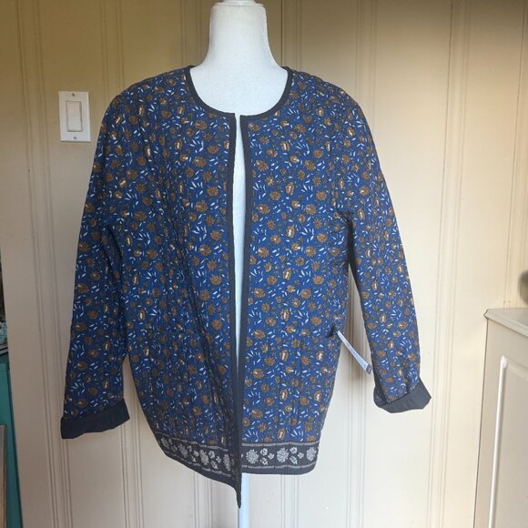 J Jill Quilted Reversible Cotton Jacket Blockprint India Black Blue Brown sz XL - Picture 3 of 10